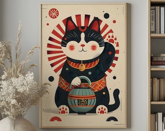 Maneki Neko Poster 4, Japandi wall art lucky cat Japanese lantern print beckoning cat decor festive artwork Wabi Sabi decoration Japan fair