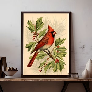 Vintage botanischer Druck nördlicher Kardinal Plakat 2, Retro- Winterdekor klassische Weihnachtswandkunst roter Vogel auf Stechpalmendekorations-Rotvogeldruck