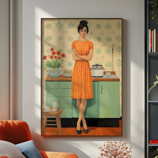 Affiche de femme au foyer moderne du milieu du siècle 1, art mural rétro des années 50, décoration de cuisine ancienne, robe orange, décoration de maison vintage pour femme, ménage traditionnel