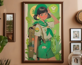 Anime Girl Scout Poster 2, adventurous young lady wall art decorative camp print cute gift for teenagers short skirt uniform decoration art