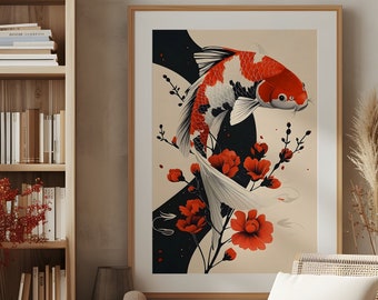 Koi Fish Pond Poster 1, arte de pared japonés Decoración de carpa colorida japonesa Impresión de peces japoneses decoración wabi sabi regalo de pescador para amantes de Oriente