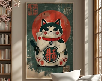 Maneki Neko Poster 2, Japandi wall art wabi sabi decor beckoning cat print lucky cat decoration simple gift for cat lover Japanese artwork