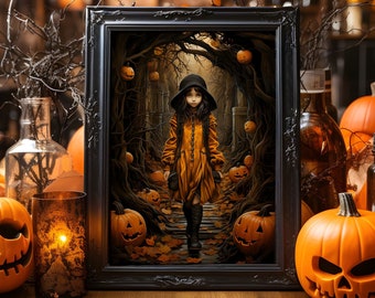 Autumn Girl Poster 1, cute Halloween wall art for fall decoration Thanksgiving pumpkin print poster funny girl gift for harvest time decor