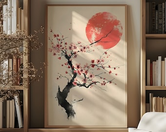 Pink Sakura Tree Poster, Japandi wall art cherry blossom print simple Japanese decor Scandinavian art Japan red sun decoration fresh artwork