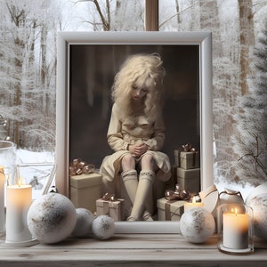 Sad Beige Weihnachten Poster 1, nostalgische Kindheit Print Geschenk für Kunstliebhaber traurig Beige Baby Mädchen Weihnachtsdekor für Midcentury Modern Mom Art
