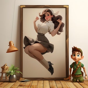 May include: A framed illustration of a woman in a white shirt and a brown skirt, with a white headband, jumping in the air. The woman has brown hair and is smiling. The frame is made of wood and has a brown finish.