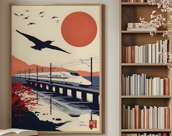Shinkansen Poster 1, Japandi wall art Japanese high speed rail print Japan bullet train decor birds and sunset artwork landscape decoration
