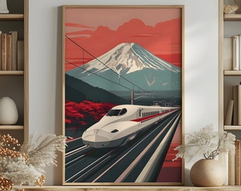 Shinkansen Poster 3, Japandi wall art Fujiyama volcano Japan view Mount Fuji landscape Japanese bullet train print high speed railway decor