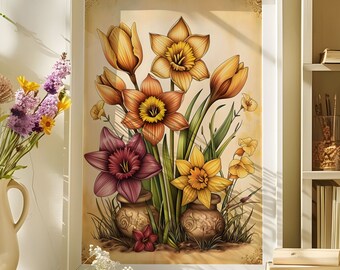 Pode incluir: Uma impressão artística emoldurada com uma ilustração em aquarela de narcisos e tulipas em tons de amarelo, laranja e roxo. As flores são dispostas em um vaso, com caules e folhas verdes. A obra de arte é exibida em uma moldura branca.