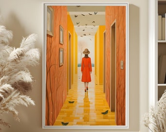 Hall Tree Girl Poster, whimsical abstract wall art long corridor print black butterflies decor walk down the backrooms decoration hotel art
