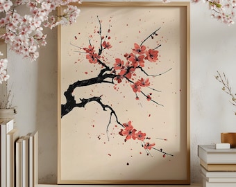 Cherry Blossom Tree Poster 1, Japandi wall art Japanese sakura print simple Japan decor botanical illustration pink flowers decoration print