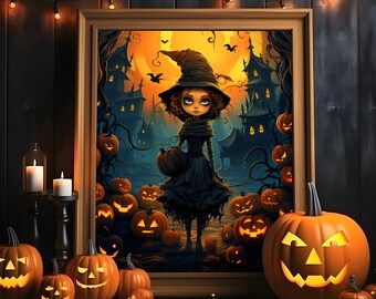 Carina piccola strega poster, divertente decorazione di Halloween per la cameretta dei bambini, regalo per gli amanti dell'horror, dolce illustrazione di libri per bambini, zucca autunnale da parete