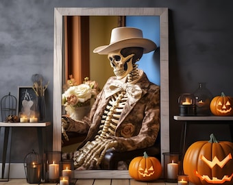 Halloween Western Skeleton Poster 2, wild west wall art horror skeleton cowboy hat wall print Halloween gift whimsical fall decor scary art