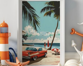 Vintage Automobile Beach Poster, beachy wall art ocean inspired style classic car print retro vacation decor whimsical artwork oldschool art