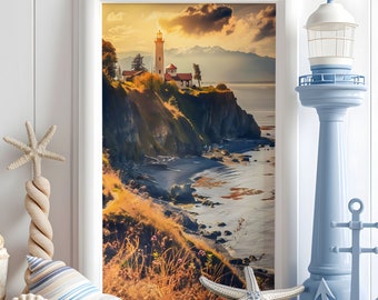 Lighthouse at the Seashore Poster, beachy wall art romantic decor ocean inspired style vacation decoration coastal home artwork seaside art