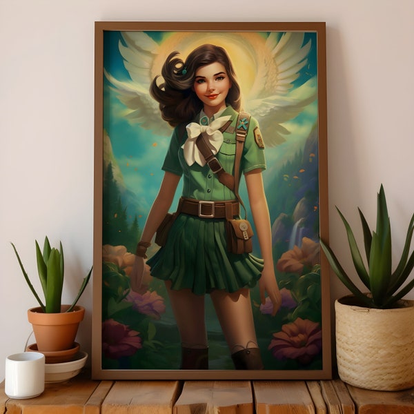 Whimsical Girl Scout Poster 3, human guardian angel wall art scouts are angels print woman with wings decor girly skirt uniform decoration