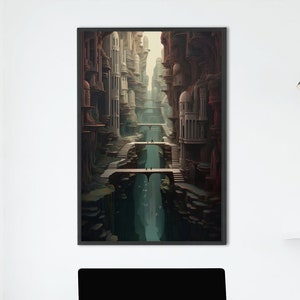 Een Fantasy Canyon City-poster, mysterieuze muurkunst voor steampunk liefhebber fantasy RPG-speler cadeau muurkunst stad canyon print grillige decor kunst
