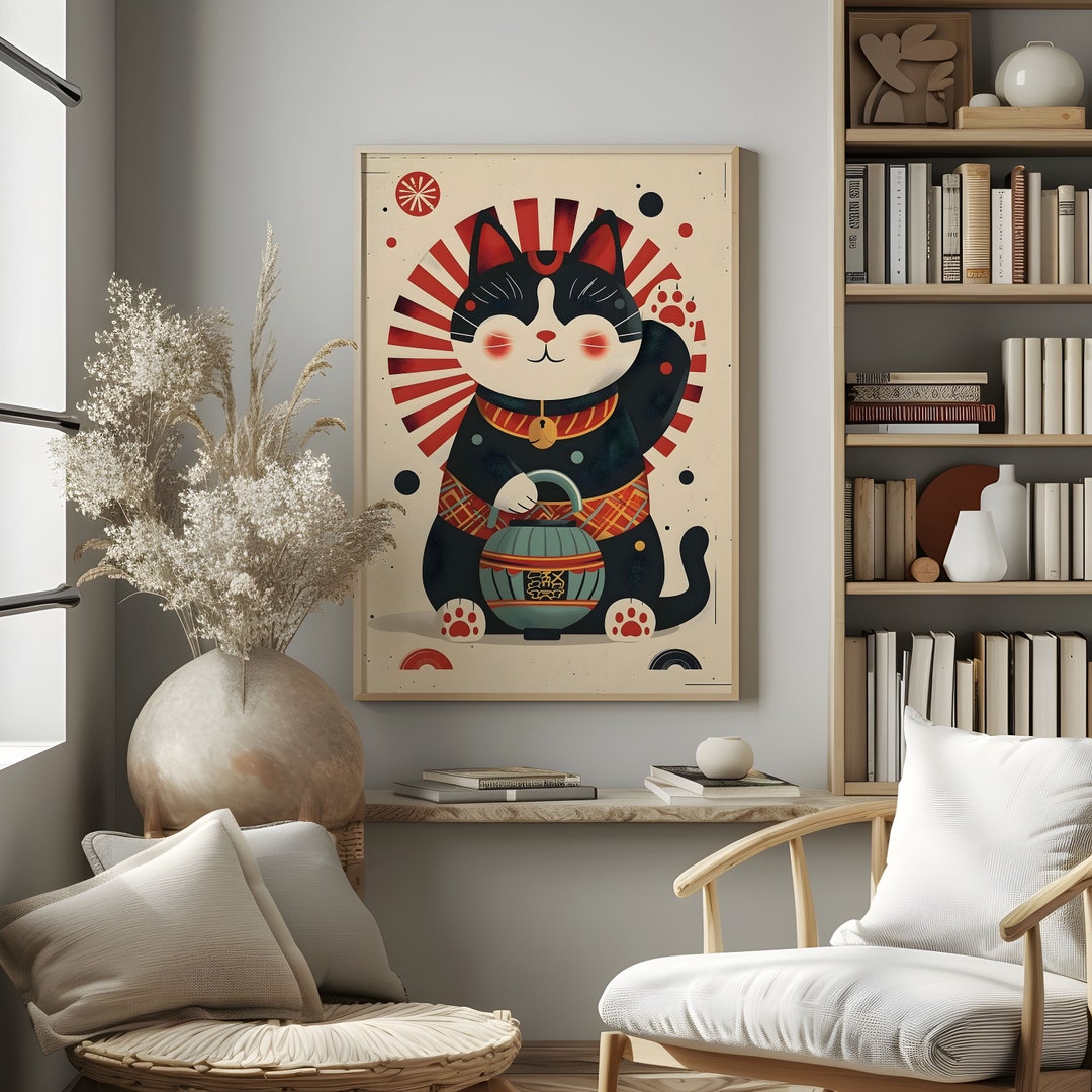 Maneki Neko Poster 4, Japandi Wall Art Lucky Cat Japanese Lantern Print ...