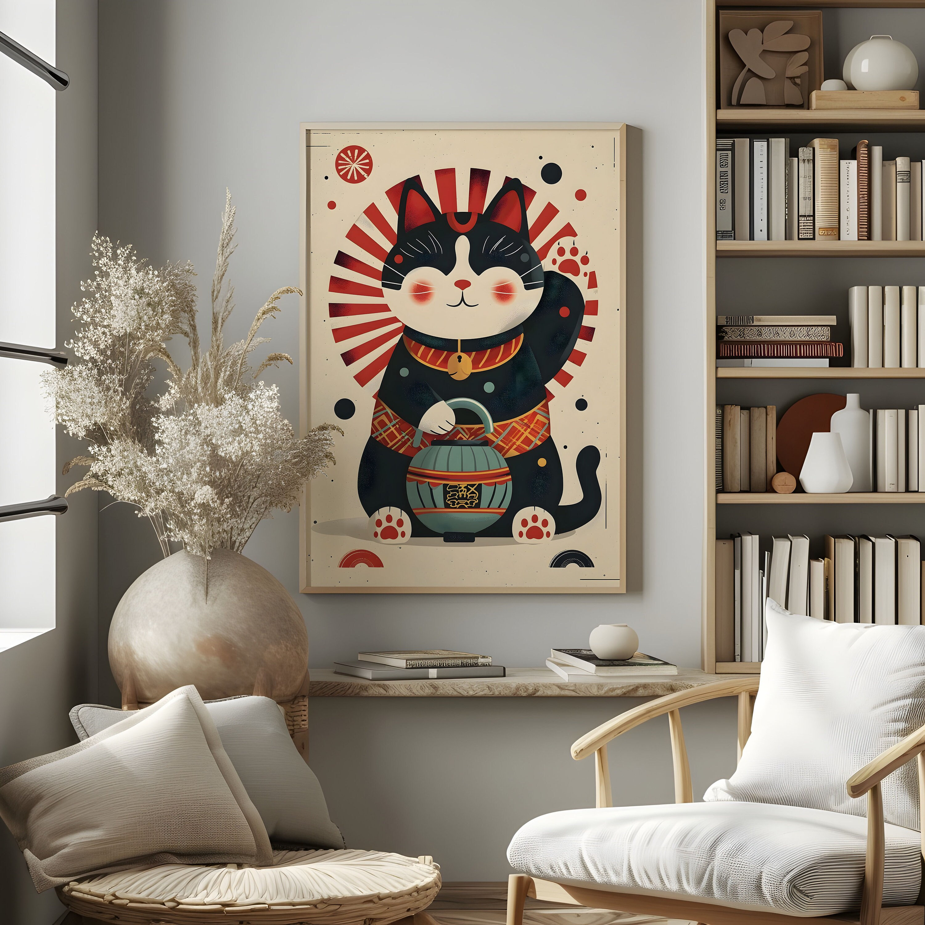 Maneki Neko Poster 4, Japandi Wall Art Lucky Cat Japanese Lantern Print ...