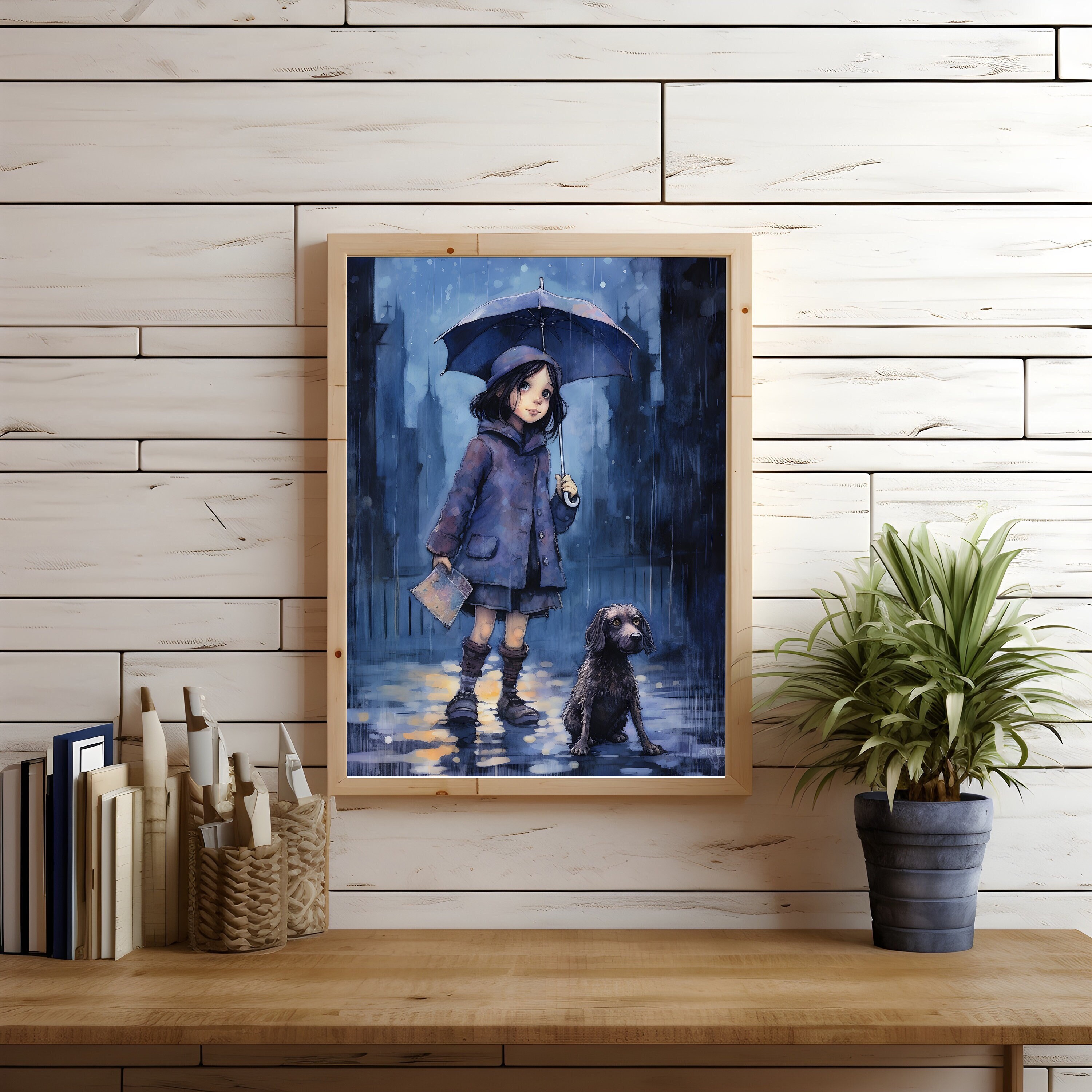 Póster de niña azul 2, regalo para dueño de perro, decoración triste para habitación de niña, regalo para amante de las mascotas, decoración de dormitorio, arte de pared para habitación infantil, arte de paseo nocturno con perro