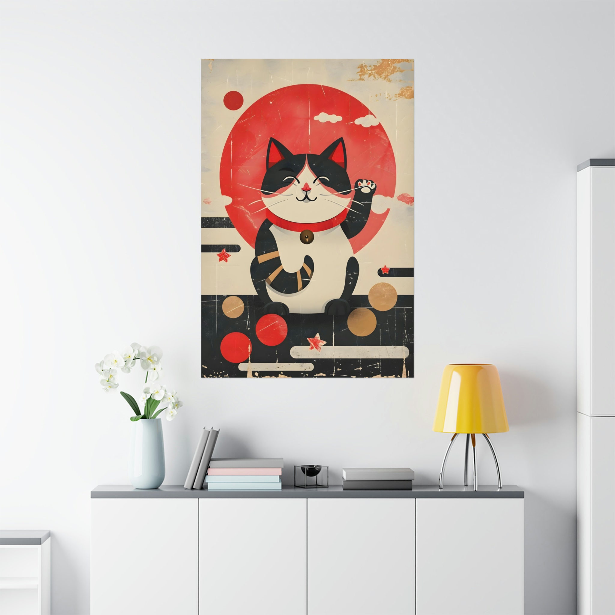 Maneki Neko Poster 1, Japandi Wall Art Lucky Cat Illustration Beckoning ...