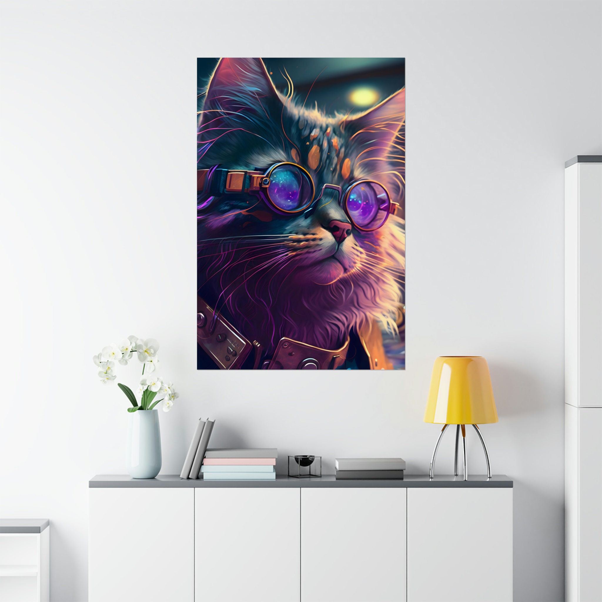 Whimsical Psychedelic Cat Poster, Cyberpunk Pet Wall Art Gift for ...