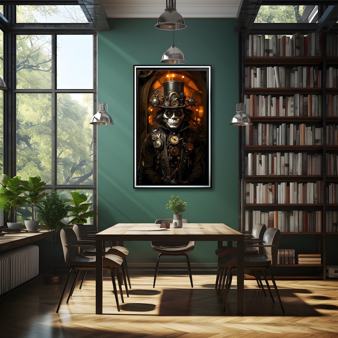 Steampunk Western Skeleton Poster, Whimsical Tech Wall Art Industrial ...