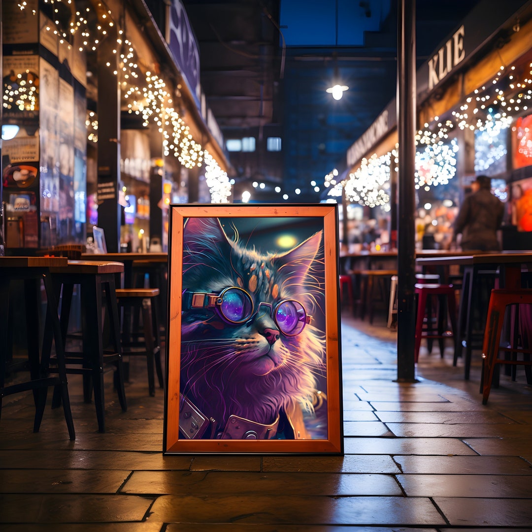 Whimsical Psychedelic Cat Poster, Cyberpunk Pet Wall Art Gift for ...