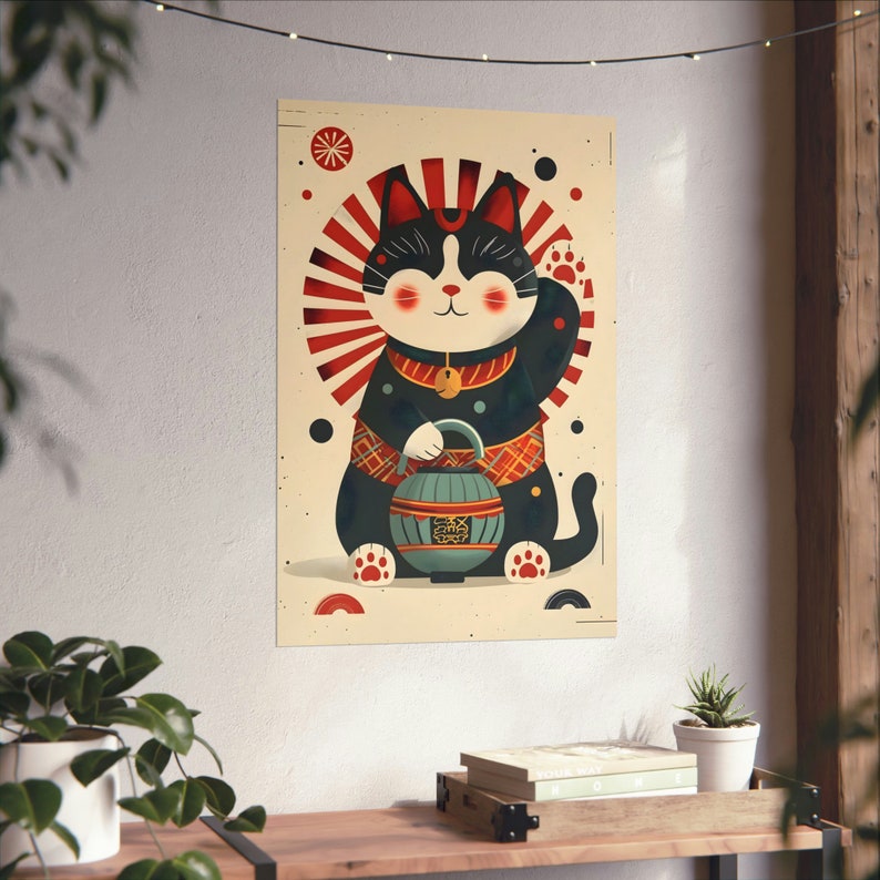 Maneki Neko Poster 4, Japandi Wall Art Lucky Cat Japanese Lantern Print ...