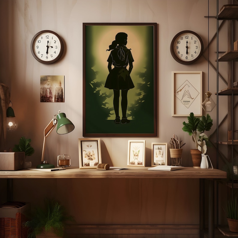 May include: A wooden desk with a green lamp, a framed poster of a girl in a forest, and several framed pictures of insects. There are also two clocks on the wall, one with Roman numerals and one with Arabic numerals.