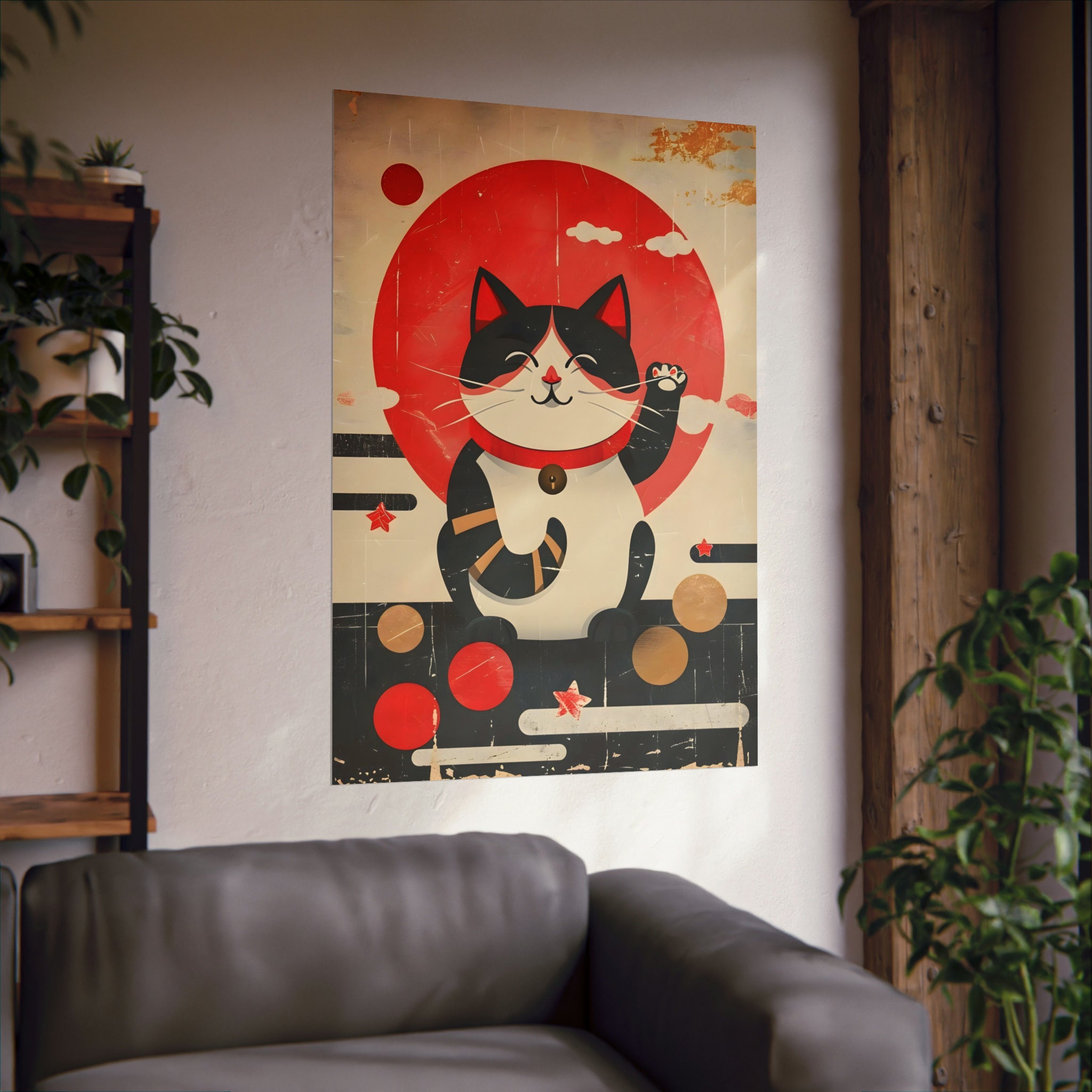 Maneki Neko Poster 1, Japandi Wall Art Lucky Cat Illustration Beckoning ...