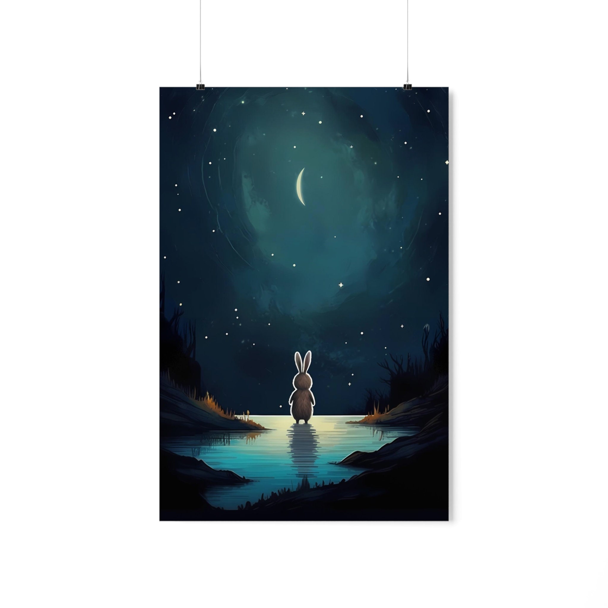 Rabbit and Moon Poster, Charming Wall Art for Child Bedroom Magical ...