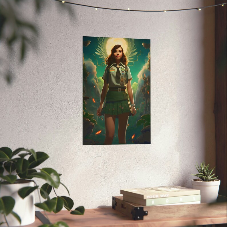 Whimsical Girl Scout Poster 2, cute little lady wall art scout uniform skirt print teenage wood camp decor flowery outfit badges decoration image 4