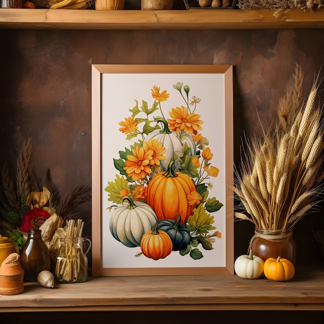 Pumpkin Botanical Print Poster 1, Vintage Thanksgiving Decoration for ...