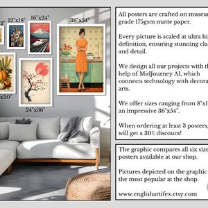 May include: A graphic comparing six different sizes of posters available in a shop. The posters feature various images, including a mountain scene, a woman in a red dress, and a pumpkin. The text on the graphic includes the sizes of the posters in inches, the shop's website address, and a statement about the posters being crafted on museum-grade paper.