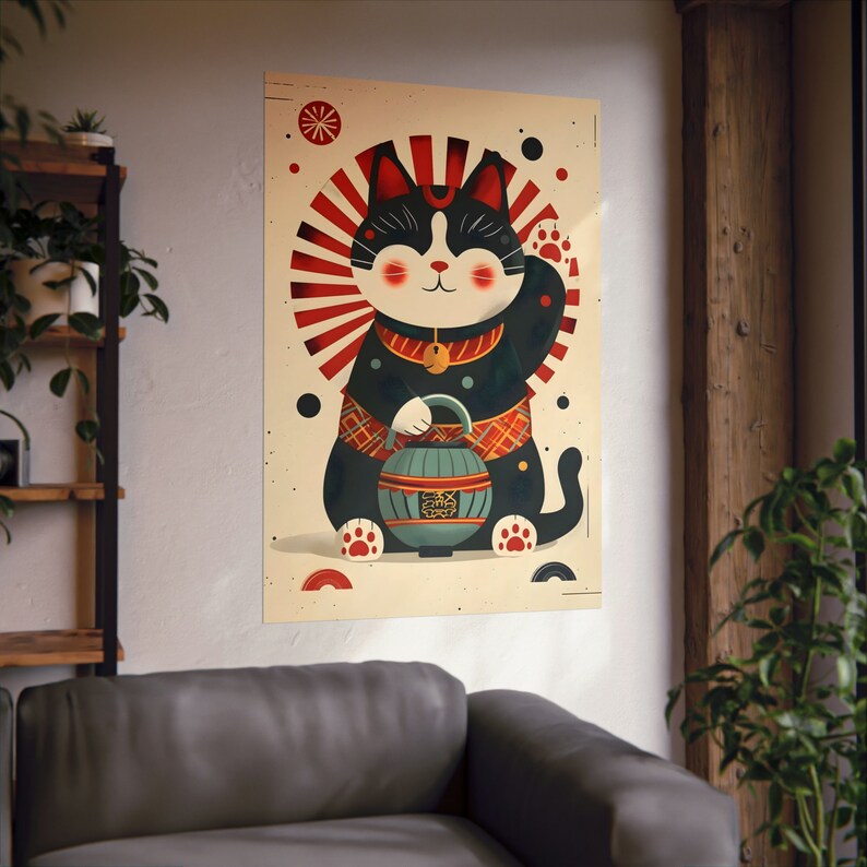 Maneki Neko Poster 4, Japandi Wall Art Lucky Cat Japanese Lantern Print ...