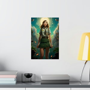 Whimsical Girl Scout Poster 2, cute little lady wall art scout uniform skirt print teenage wood camp decor flowery outfit badges decoration image 5