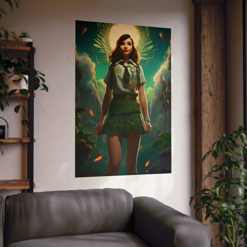 Whimsical Girl Scout Poster 2, cute little lady wall art scout uniform skirt print teenage wood camp decor flowery outfit badges decoration image 2