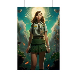 Whimsical Girl Scout Poster 2, cute little lady wall art scout uniform skirt print teenage wood camp decor flowery outfit badges decoration image 7