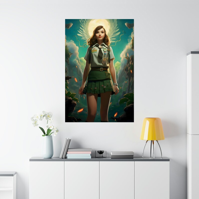 Whimsical Girl Scout Poster 2, cute little lady wall art scout uniform skirt print teenage wood camp decor flowery outfit badges decoration image 3
