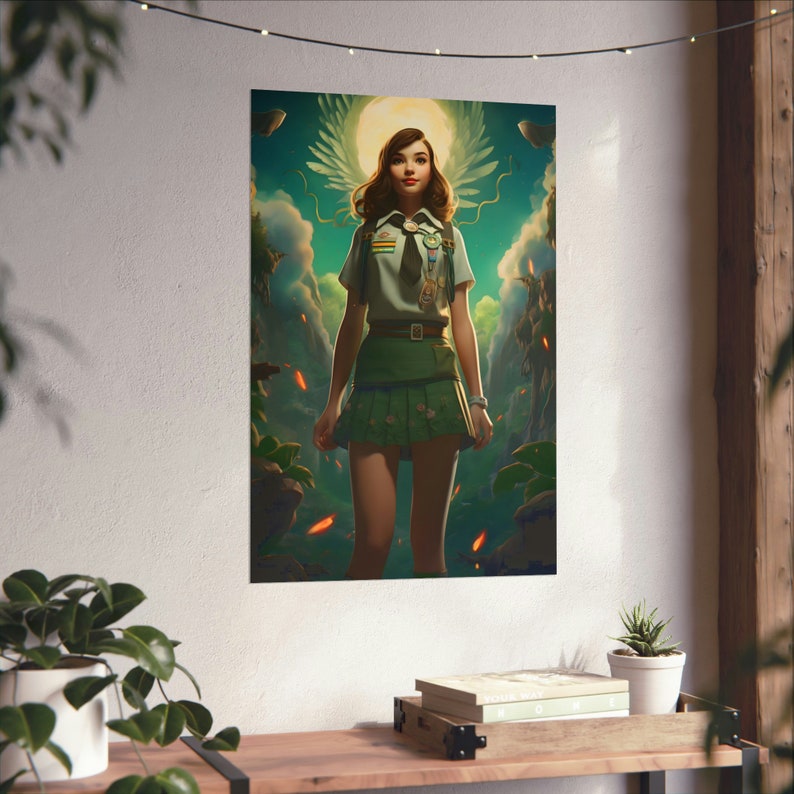 Whimsical Girl Scout Poster 2, cute little lady wall art scout uniform skirt print teenage wood camp decor flowery outfit badges decoration image 6