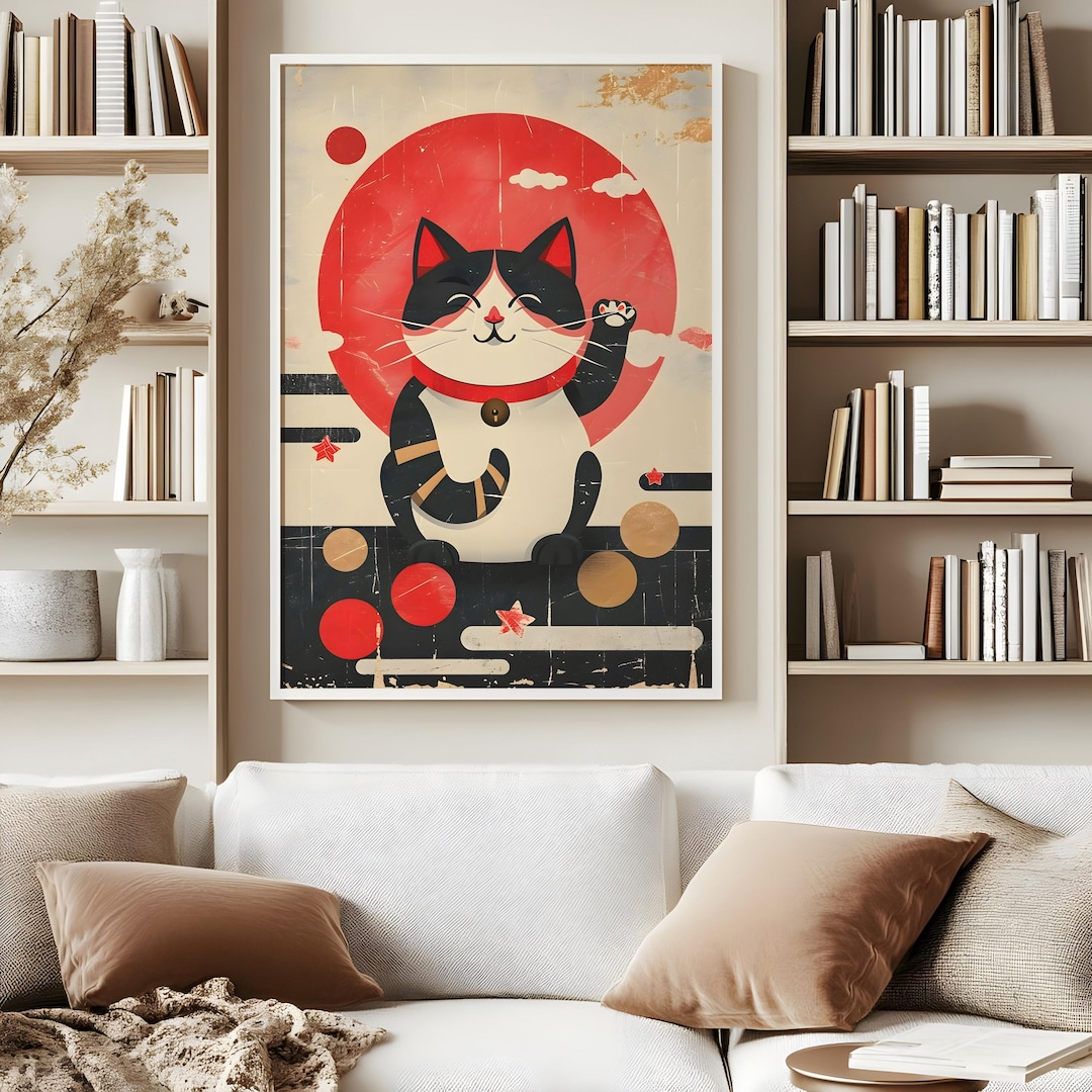Maneki Neko Poster 1, Japandi Wall Art Lucky Cat Illustration Beckoning ...