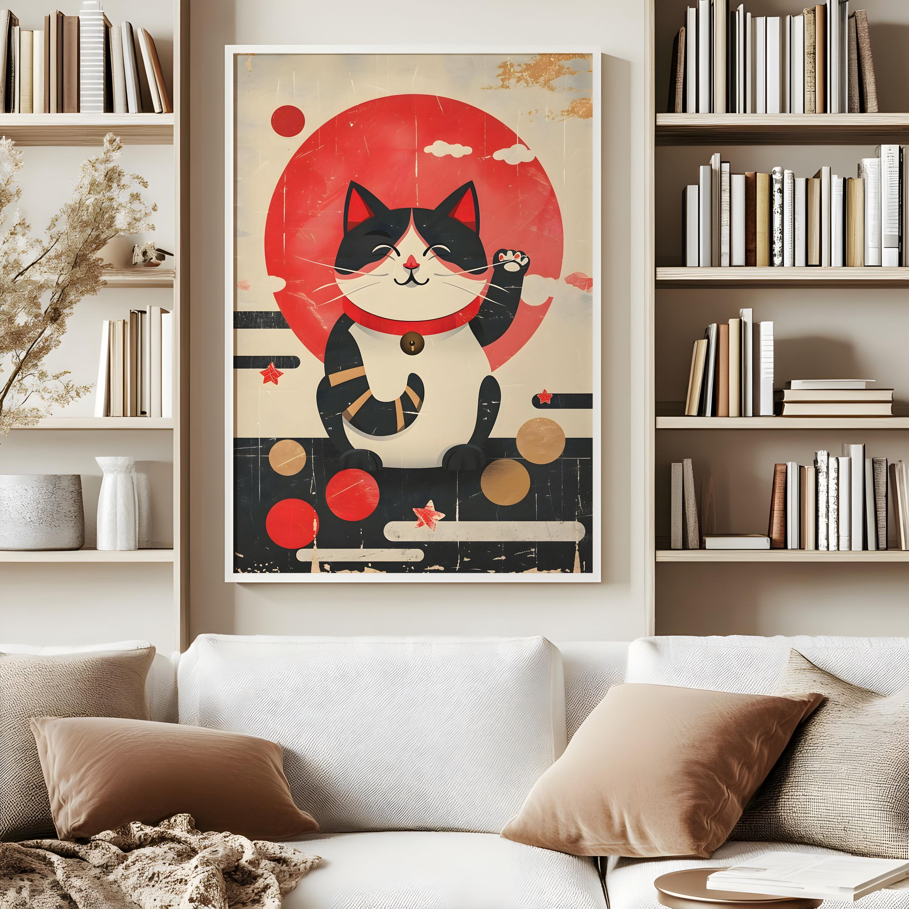 Maneki Neko Poster 1, Japandi wall art lucky cat illustration beckoning cat print Japanese wabi sabi decor Japan luck decoration simple art