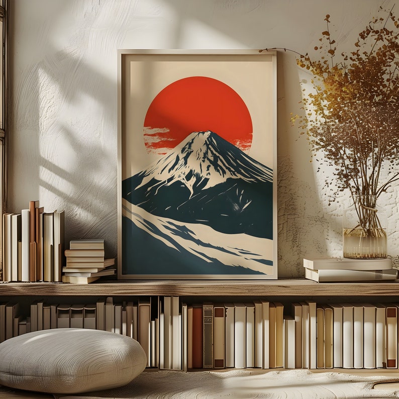 Mount Fuji Poster 3, Japandi Wall Art Sun Rising Over the Mountain ...
