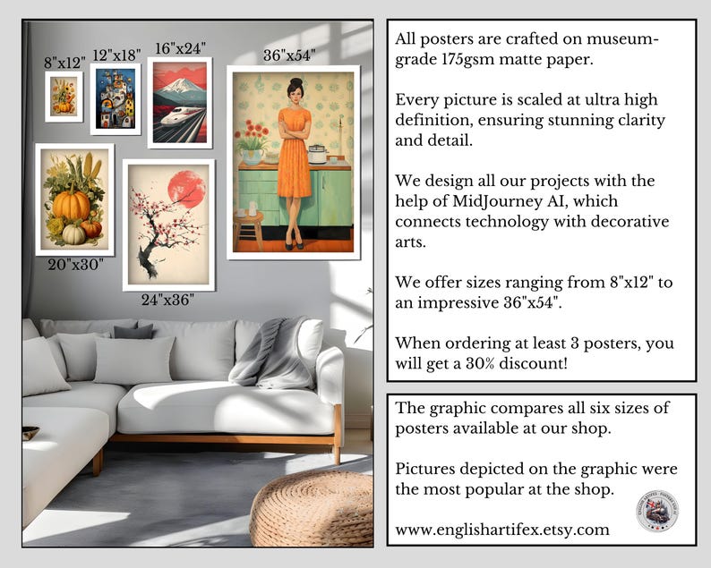 May include: A graphic comparing six different sizes of posters available in a shop. The posters feature various images, including a mountain scene, a woman in a red dress, and a pumpkin. The text on the graphic includes the sizes of the posters in inches, the shop's website address, and a statement about the posters being crafted on museum-grade paper.