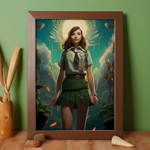 May include: A framed illustration of a young woman with brown hair wearing a green and white uniform with a green skirt and a white shirt. She is standing in front of a blue and green background with clouds and a moon. She has a halo of white feathers around her head.