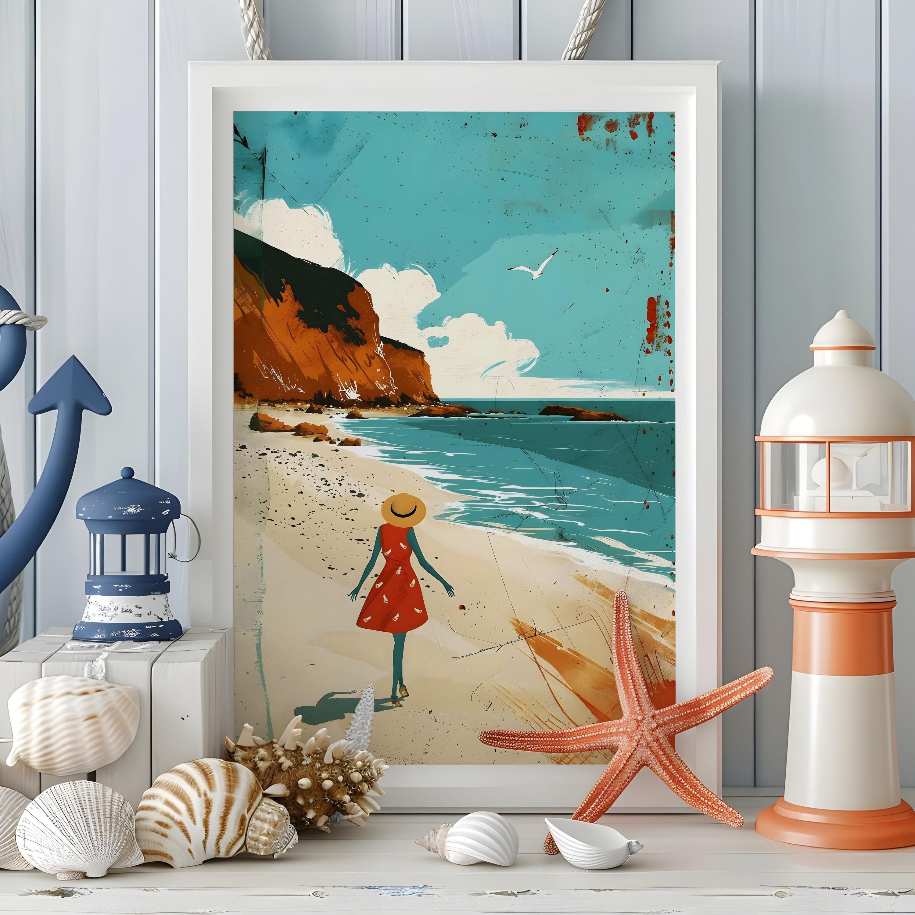 Red Dress Beach Girl Poster, retro print beachy wall art ocean inspired style vintage coastal cowgirl artwork oldschool decor rustic print