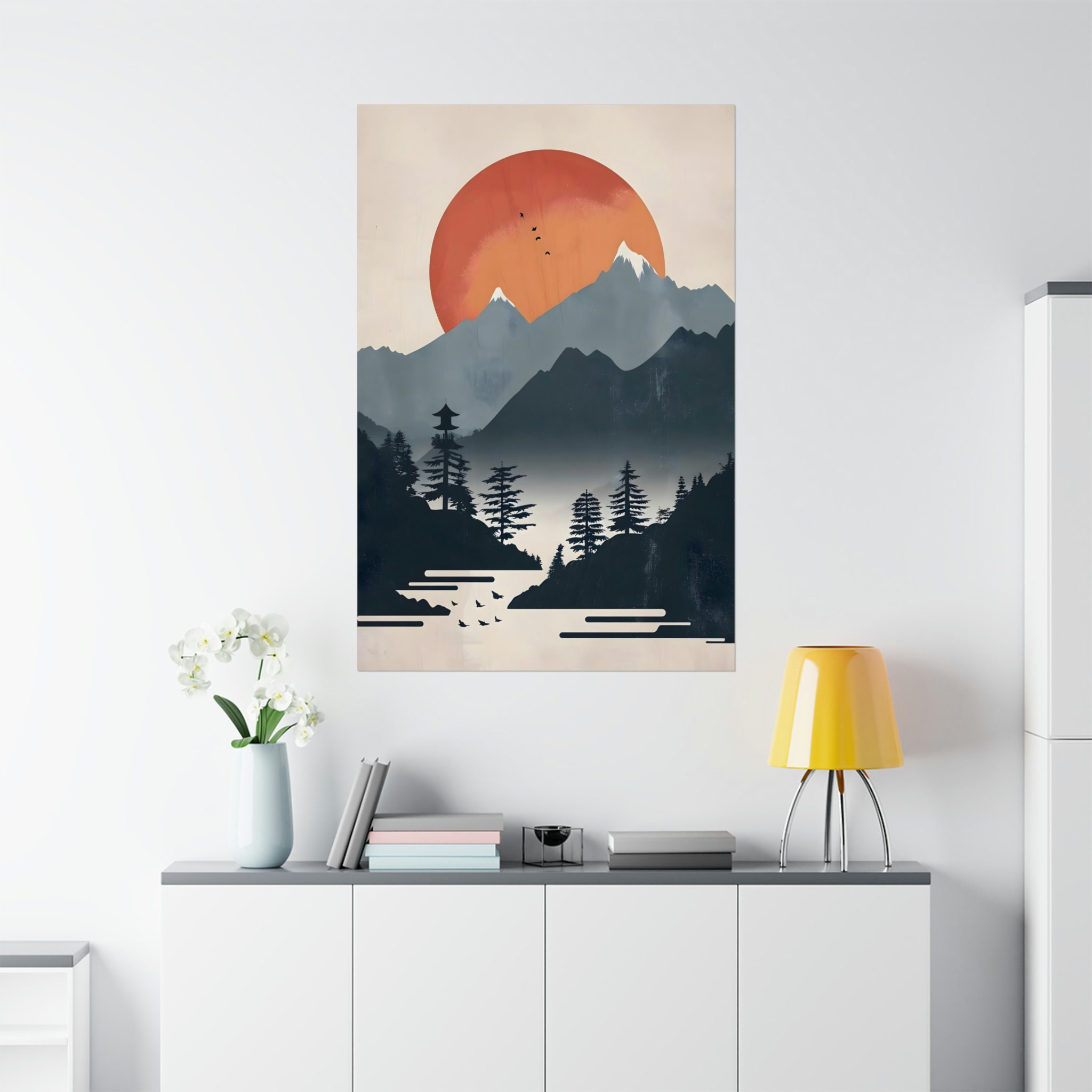 Japanese Landscape Poster 2, Japandi Wall Art Sunset and Mountains ...