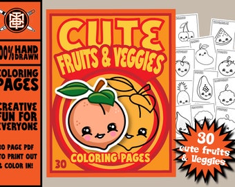 Kawaii Fruits and Veggies Coloring Book | 30 Printable Pages (PDF and PNG)