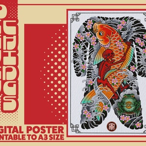 Japanese Tattoo Digital Poster | Tattoo Art | Tattoo Bodysuit | Digital Print | Tattoo artwork | Koi Tattoo | Tattoo Wall Art | Wall Decor